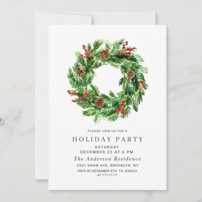 Festive Holly Berry Pine Wreath Christmas Party Invitation (Front)