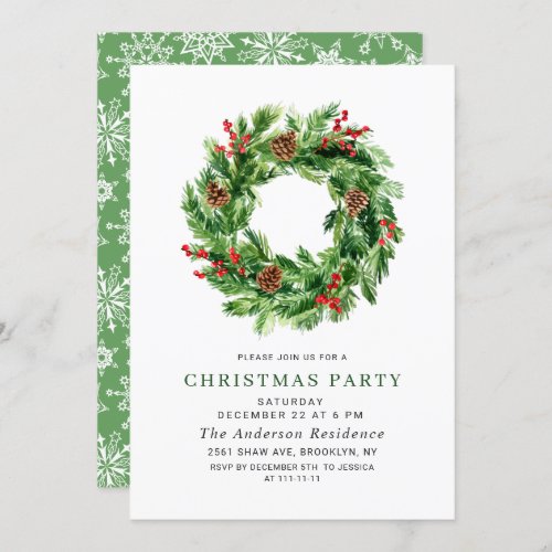 Festive Holly Berry Pine Wreath Christmas Party Invitation