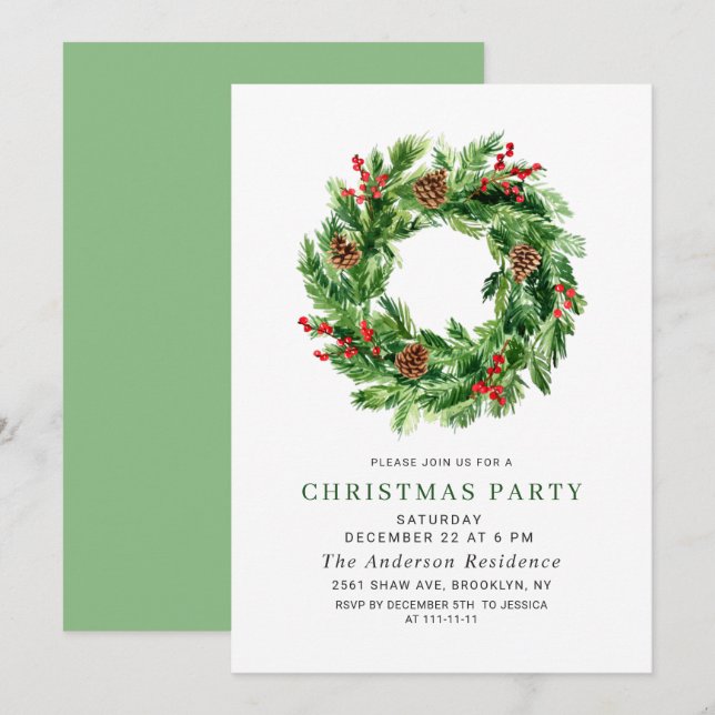 Festive Holly Berry Pine Wreath Christmas Party Invitation (Front/Back)
