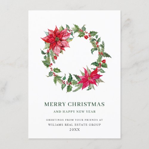 Festive Holly Berry Poinsettia Christmas Corporate Holiday Card