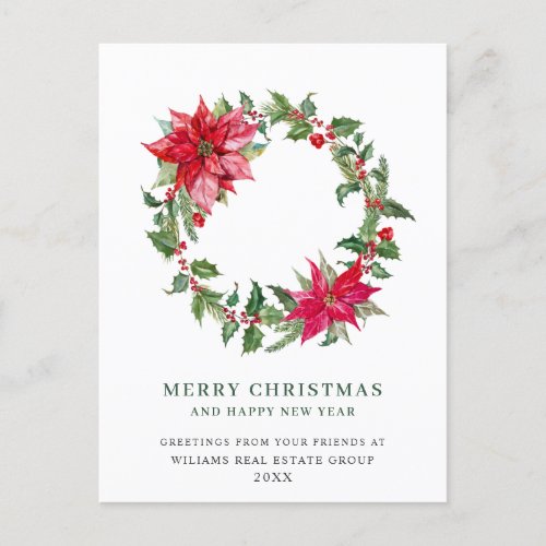 Festive Holly Berry Poinsettia Christmas Corporate Holiday Postcard