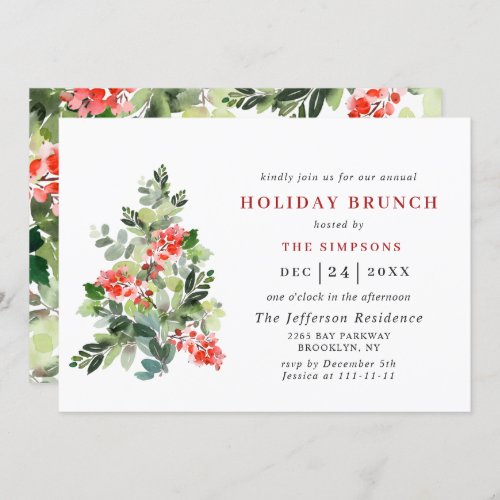 Festive Holly Berry Tree HOLIDAY BRUNCH CHRISTMAS Invitation