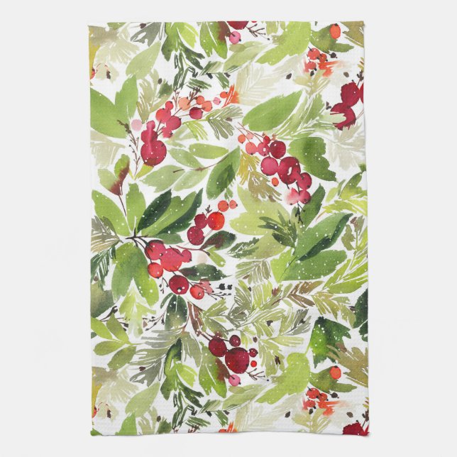 Festive Holly Berry Watercolor  Kitchen Towel (Vertical)