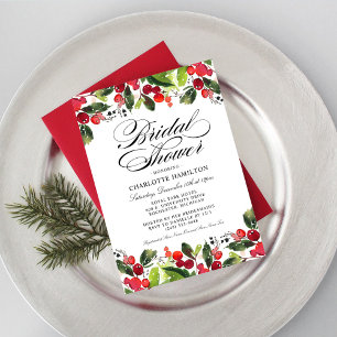 Festive Holly Berry Wedding Bridal Shower Invitation
