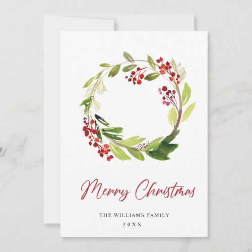 Festive Holly Berry Wreath Christmas Greeting Holiday Card