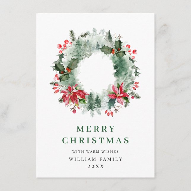 Festive Holly Berry Wreath Christmas Greeting Holiday Card (Front)