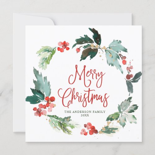 Festive Holly Berry Wreath Christmas Greeting Holiday Card