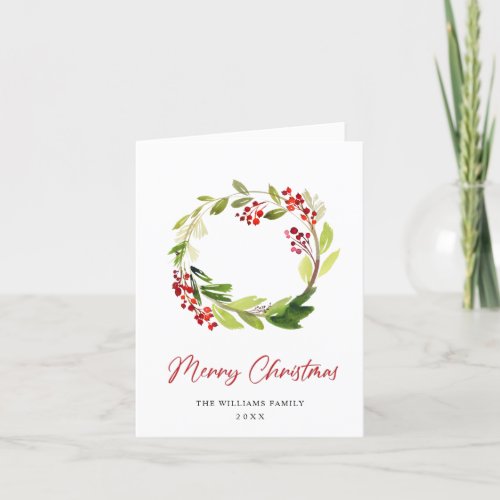 Festive Holly Berry Wreath Christmas Greeting Holiday Card