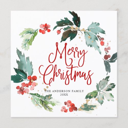 Festive Holly Berry Wreath Christmas Greeting Holiday Card