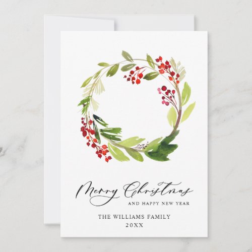 Festive Holly Berry Wreath Christmas Greeting Holiday Card