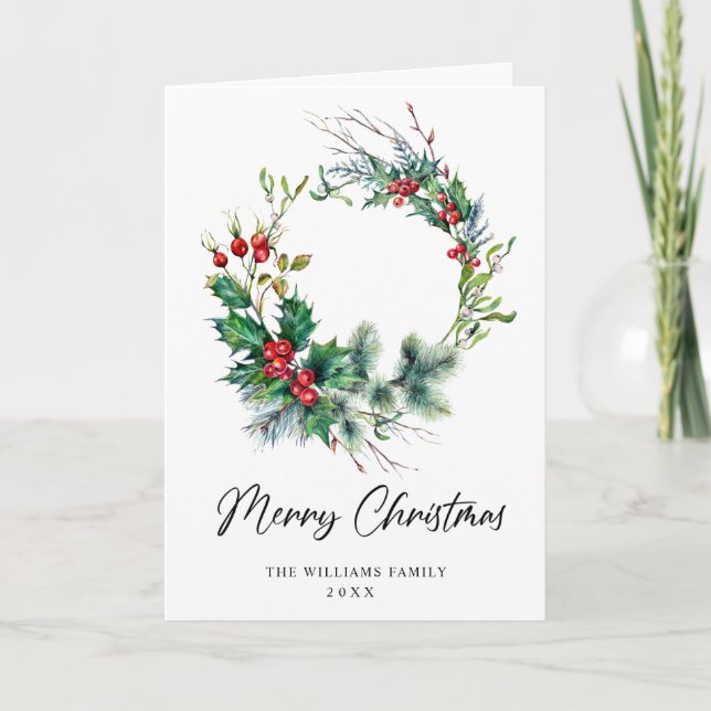 Festive Holly Berry Wreath Christmas Greeting Holiday Card (Front)