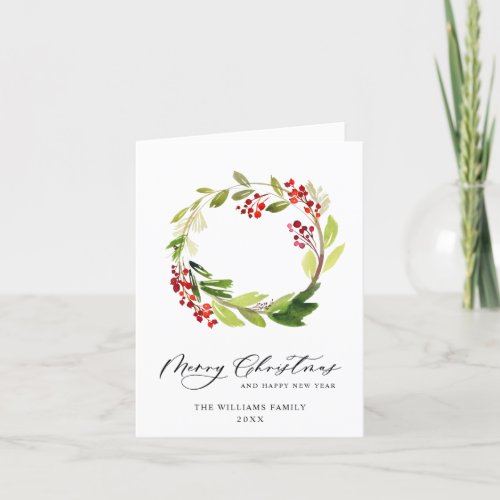 Festive Holly Berry Wreath Christmas Greeting Holiday Card