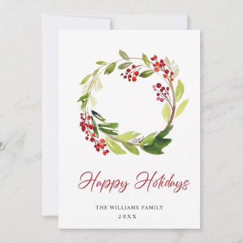 Festive Holly Berry Wreath Christmas Greeting Holiday Card