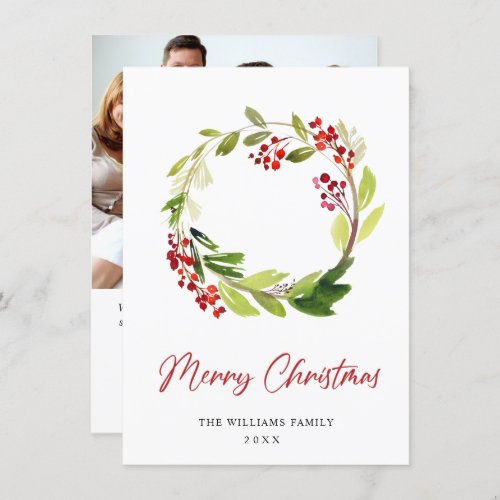 Festive Holly Berry Wreath Christmas PHOTO Holiday Card