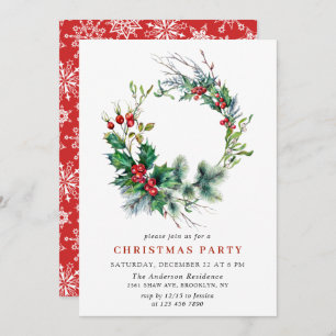 Festive Holly Berry Wreath Holiday Christmas Party Invitation