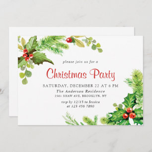 Festive Holly Berry Wreath Holiday Christmas Party Invitation