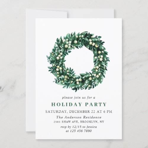 Festive Holly Berry Wreath Holiday Christmas Party Invitation