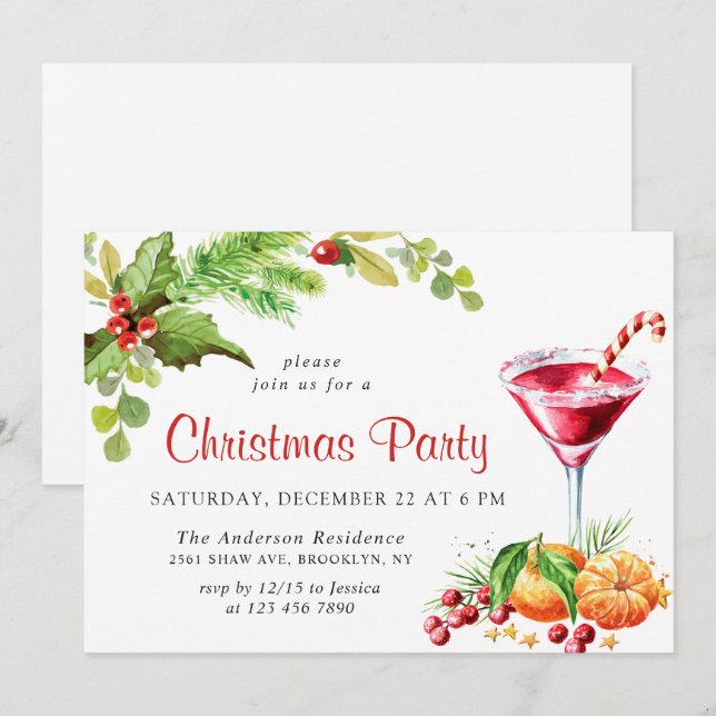 Festive Holly Berry Wreath Holiday Christmas Party Invitation (Front/Back)