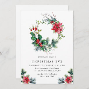 Festive Holly Berry Wreath Holiday Christmas Party Invitation