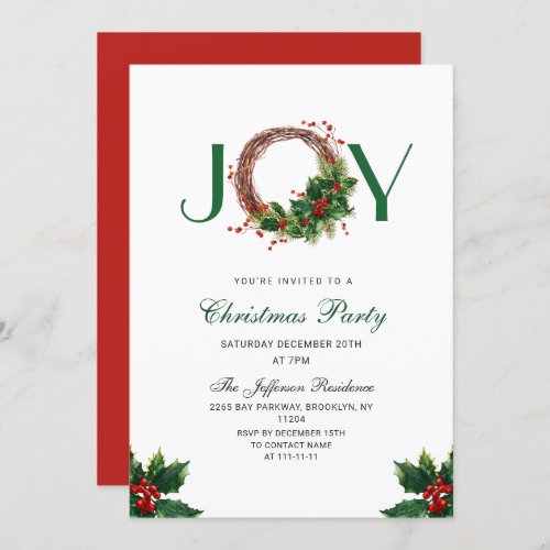 Festive Holly Berry Wreath Holiday Christmas Party Invitation