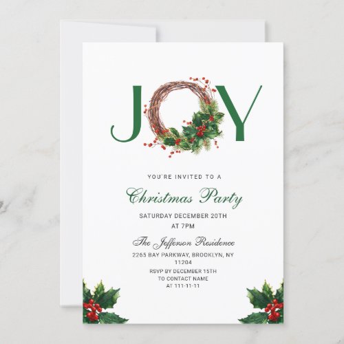 Festive Holly Berry Wreath Holiday Christmas Party Invitation