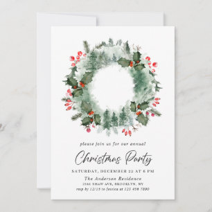 Festive Holly Berry Wreath Holiday Christmas Party Invitation