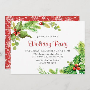 Festive Holly Berry Wreath Holiday Christmas Party Invitation