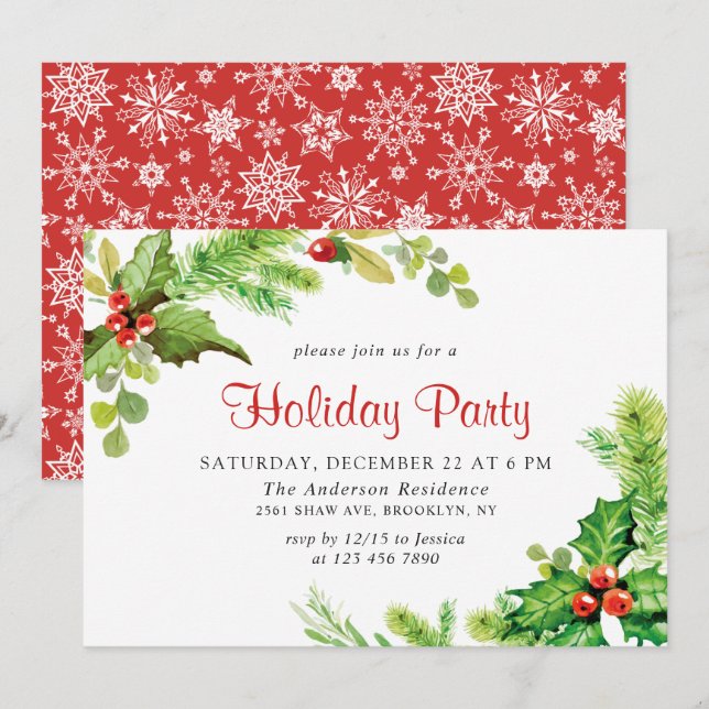 Festive Holly Berry Wreath Holiday Christmas Party Invitation (Front/Back)