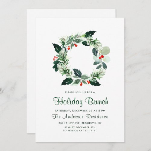 Festive Holly Berry Wreath Holiday Christmas Party Invitation