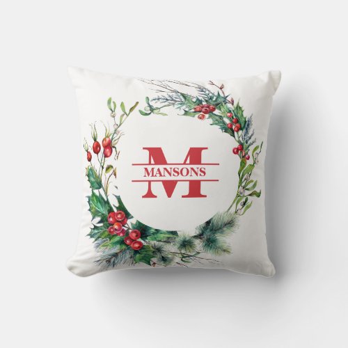 Festive Holly Berry Wreath Holiday Christmas Throw Pillow