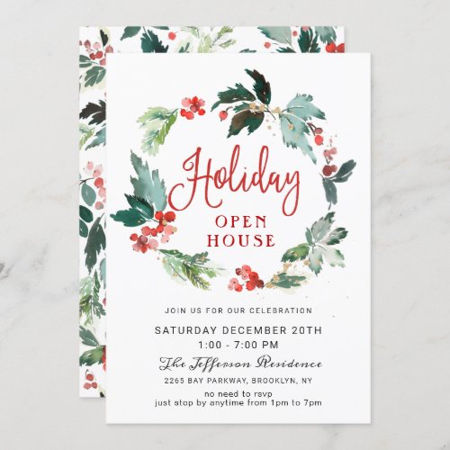 Festive Holly Berry Wreath Holiday Open House Invitation