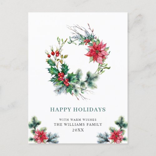 Festive Holly Berry Wreath Merry Christmas Holiday Postcard