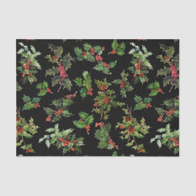 Festive Holly Black Background Tissue Paper (Front)
