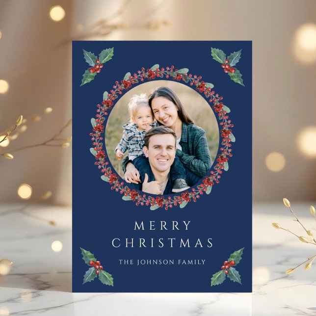Festive Holly Botanical Greenery Photo Christmas Holiday Card (Festive Holly Botanical Greenery Photo Christmas Holiday Card)