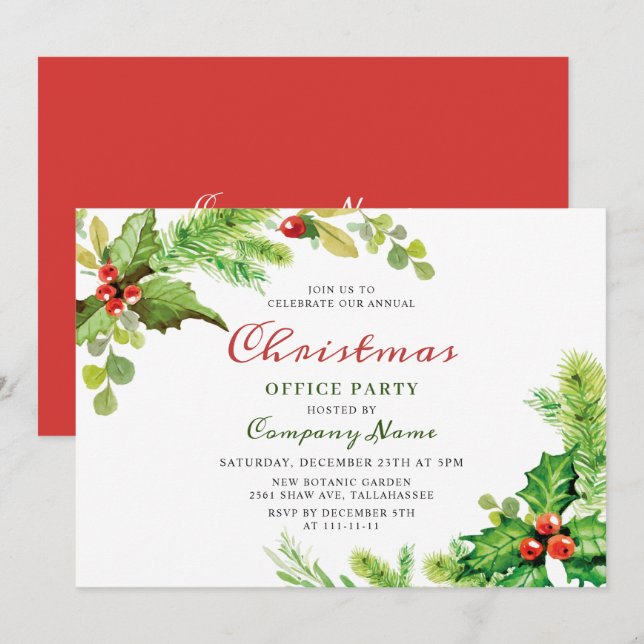 Festive Holly Christmas Corporate Holiday Party Invitation (Front/Back)
