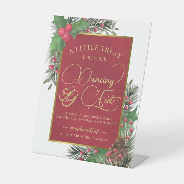 Festive Holly Dancing Feet Flip Flops Wedding  Pedestal Sign (Front)
