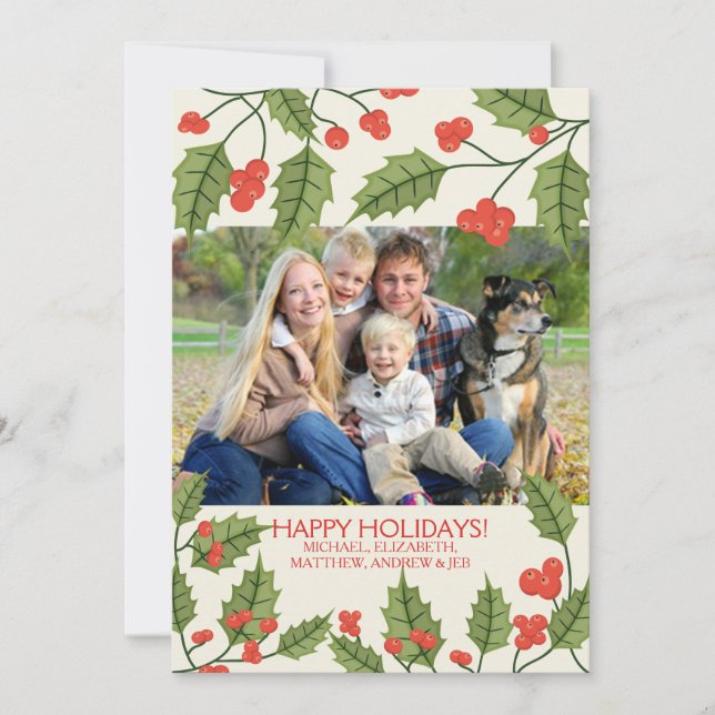 Festive Holly Happy Holidays Photo Card (Front)
