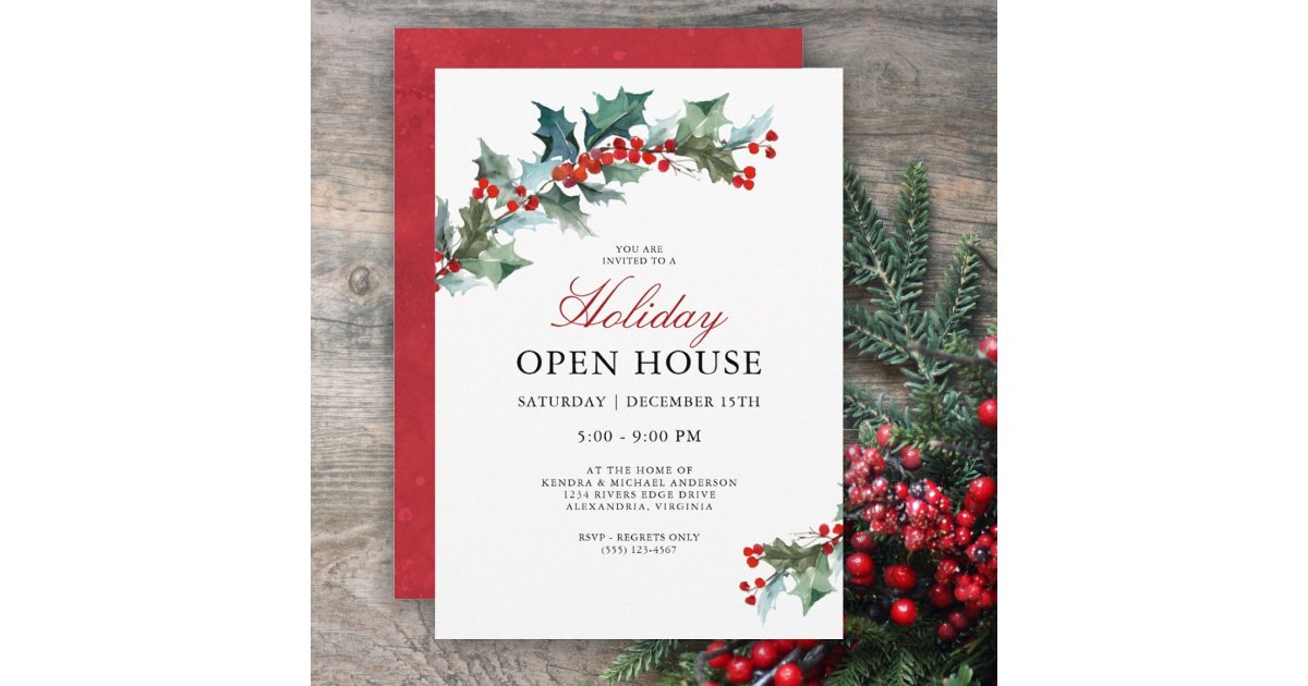 Festive Holly Holiday Open House Invitation | Zazzle