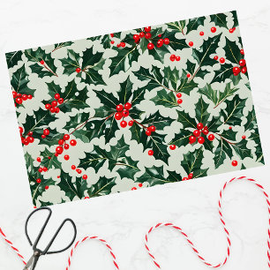 Festive Holly Leaves and Berries Christmas Tissue Paper