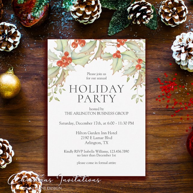 Festive Holly Leaves Corporate Holiday Party Invitation (Creator Uploaded)