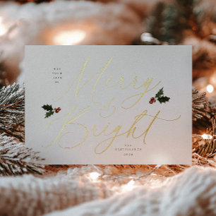 Festive Holly Merry and Bright Foil Holiday Card