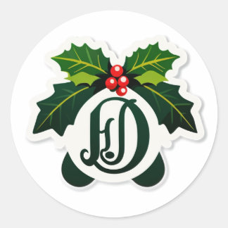Festive Holly Monogram D Sticker” Classic Round Sticker