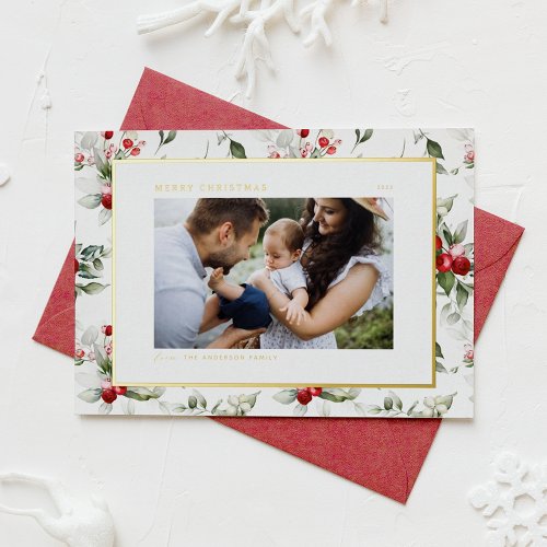 Festive Holly Pattern Merry Christmas Photo Foil Holiday Card