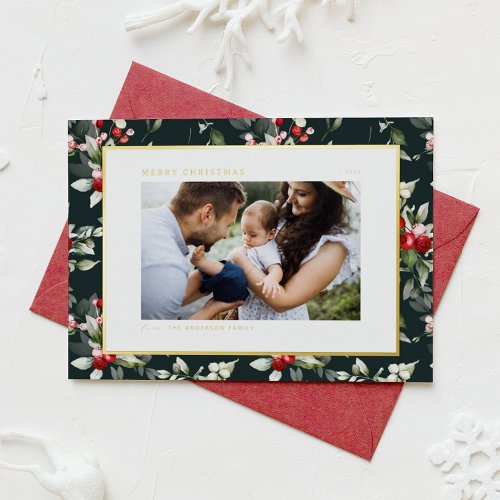 Festive Holly Pattern Merry Christmas Photo Foil Holiday Card