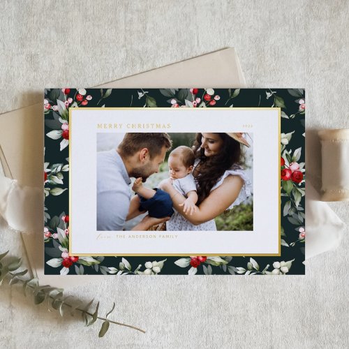 Festive Holly Pattern Merry Christmas Photo Foil Holiday Postcard