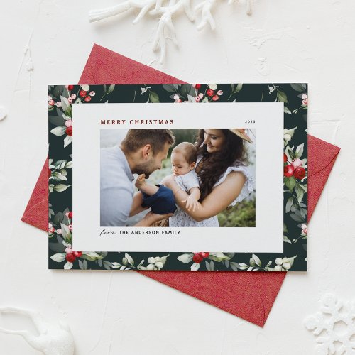 Festive Holly Pattern Merry Christmas Photo Holiday Card