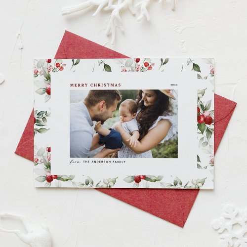 Festive Holly Pattern Merry Christmas Photo Holiday Card