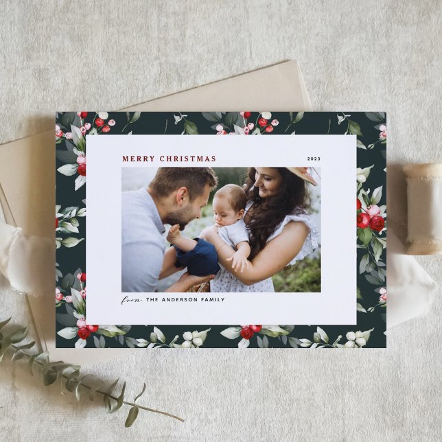 Festive Holly Pattern Merry Christmas Photo Holiday Postcard (Creator Uploaded)