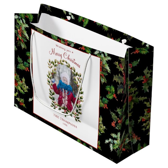 Festive Holly | Photo | Black Background Large Gift Bag (Front Angled)