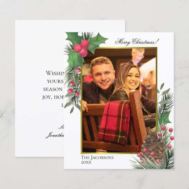Festive Holly & Pine BUDGET Christmas Photo Card (Front/Back)